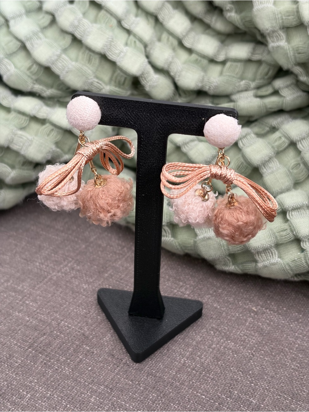 Pink Bow Double Pom-Pom Statement Dangle Earrings